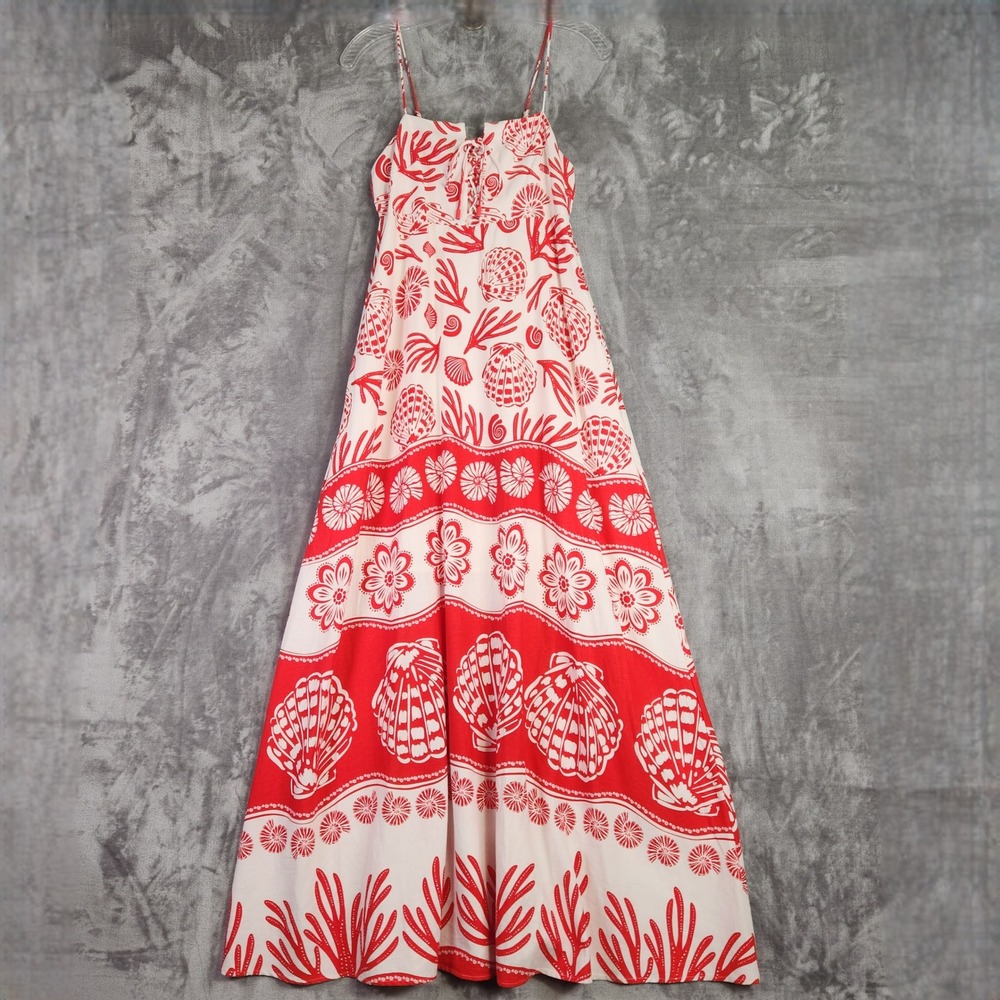 Calypso St Barth Maxi Dress Womens S Red Shell Linen Blend Coastal Beachy NEW